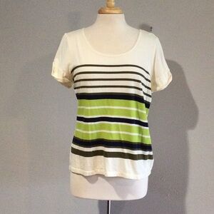 Liz Claiborne Cream w/Green & Blue Stripe Rolled Cuff Sleeve High/Low T-Shirt XL